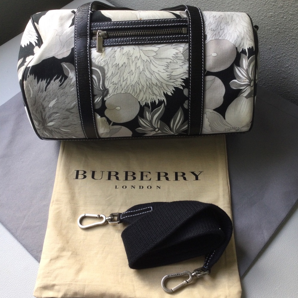 Burberry Floral Canvas Boston Bag, black and white